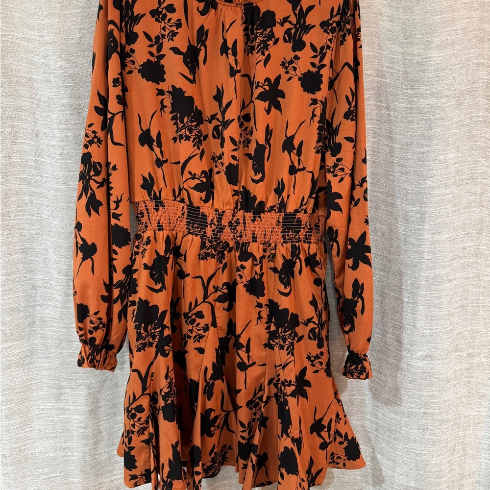 Floral Long Sleeve Dress - Orange and Black